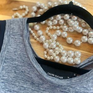 CALVIN RUCKER | M | Navy Silk Raw Trim Linen Body Colorblock Tank Top